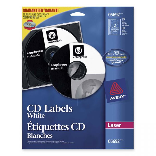 AVE5692 Avery Laser CD Labels, Matte White, 40/Pack