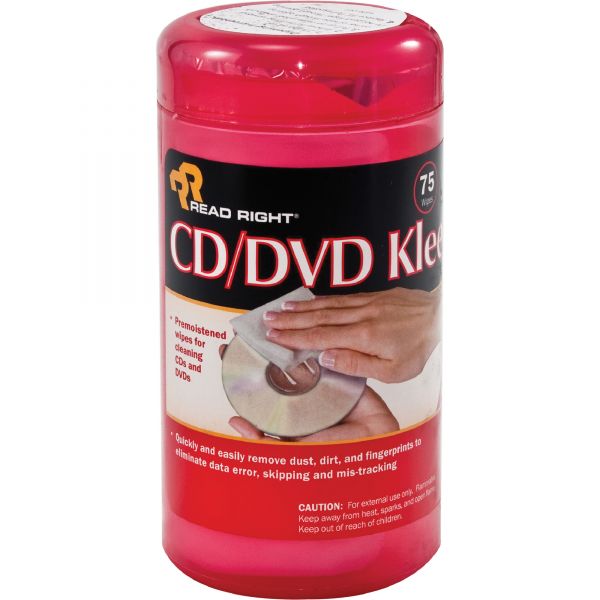 REARR1420 Read Right CD/DVD Kleen Cleaner Wet Wipes, 5 1/4 x 5 3/4, 75/Tub