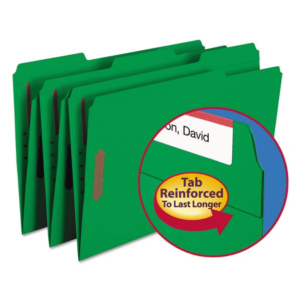 SMD17140 Smead Folders, Two Fasteners, 1/3 Cut Assorted Top Tab, Legal, Green, 50/Box