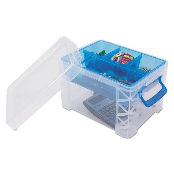 AVT37375 Advantus Super Stacker Divided Storage Box, Clear w/Blue Tray/Handles, 7 1/2 x 10.12x6.5