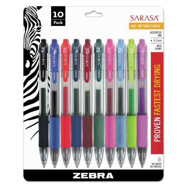ZEB46881 Zebra Sarasa Retractable Gel Pen, Assorted Ink, Medium, 10/Pack