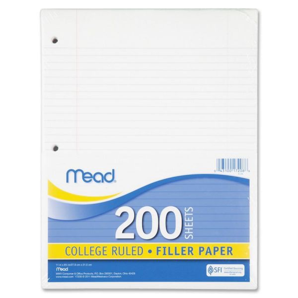 MEA17208 Mead Filler Paper, 15lb, College Rule, 11 x 8 1/2, White, 200 Sheets