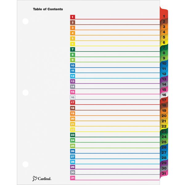 CRD60118 Cardinal Traditional OneStep Index System, 31-Tab, 1-31, Letter, Multicolor, 31/Set