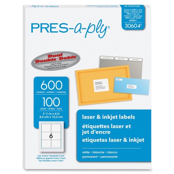 AVE30604 PRES-a-ply Laser Shipping Labels, 3 1/3 x 4, White, 600/Box