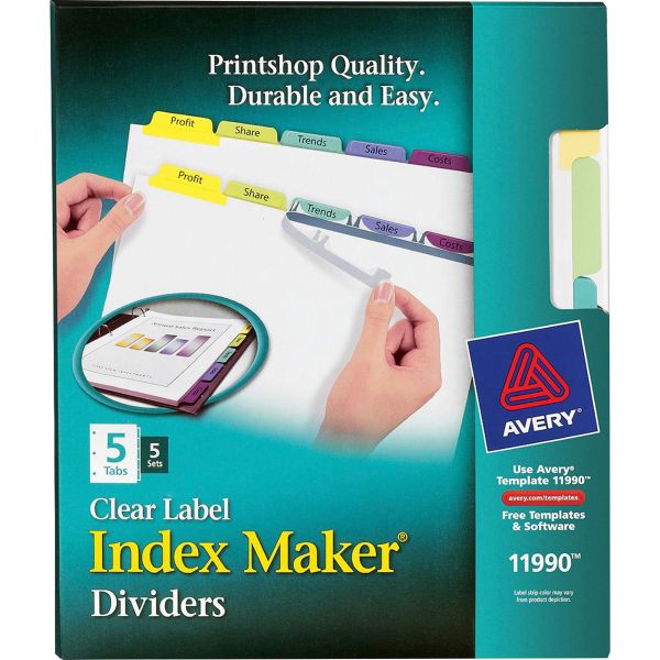 AVE11990 Avery Print & Apply Clear Label Dividers, 5-Tab, Multi-color Tab, Letter, 5 Sets