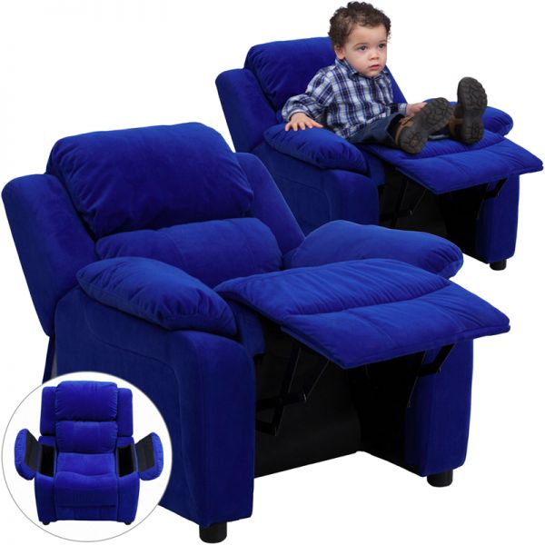 FHFBT7985KIDMICBLUEGG Flash Furniture Deluxe Padded Contemporary Blue Microfiber Kids Recliner with Storage Arms