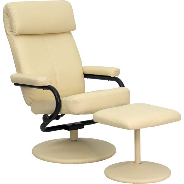 FHFBT7863CREAMGG Flash Furniture Contemporary Cream Leather Recliner and Ottoman with Leather Wrapped Base