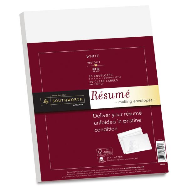 SOURF6Q Southworth 25% Cotton Resume Envelopes, White, 24lb, 9 x 12, Wove, 25/Box