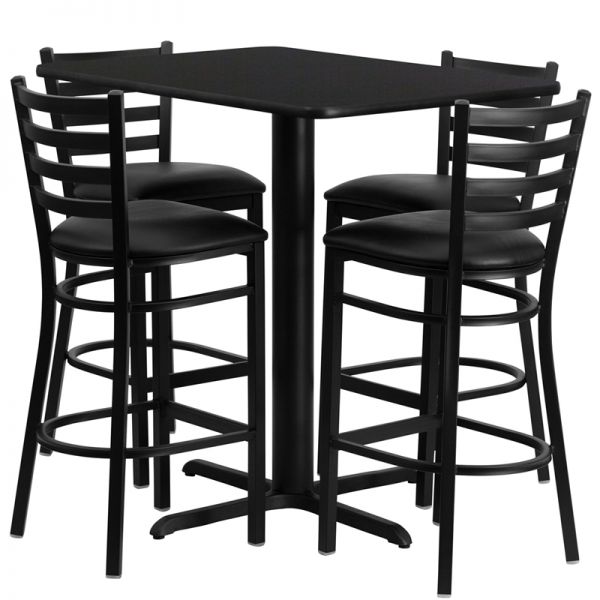 FHFHDBF1017GG Flash Furniture 24''W x 42''L Rectangular Black Laminate Table Set with 4 Ladder Back Metal Barstools - Black Vinyl Seat