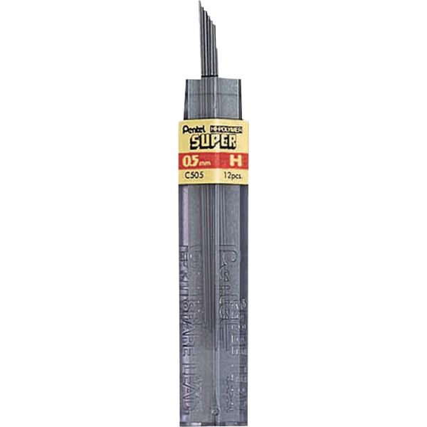 PENC505H Pentel Super Hi-Polymer Lead Refills, .5mm, H, Black, 12 Leads/Tube