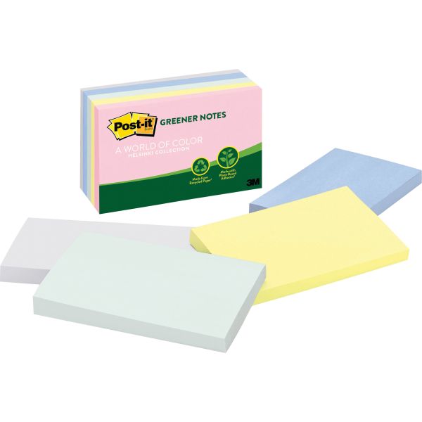 MMM655RPA Post-it Greener Notes Recycled Note Pads, 3 x 5, Assorted Helsinki Colors, 100-Sheet, 5/Pack
