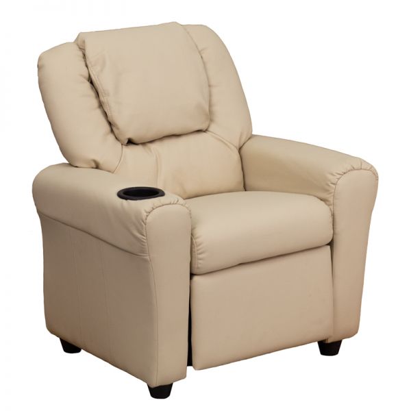 FHFDGULTKIDBGEGG Flash Furniture Contemporary Beige Vinyl Kids Recliner with Cup Holder and Headrest