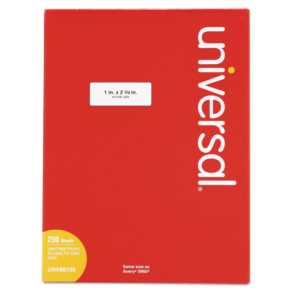 UNV80120 Universal Laser Printer Permanent Labels, 1 x 2 5/8, White, 7500/Box