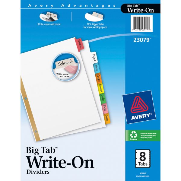 AVE23079 Avery Write & Erase Big Tab Paper Dividers, 8-Tab, Multi-color Tab, Letter, 1 Set