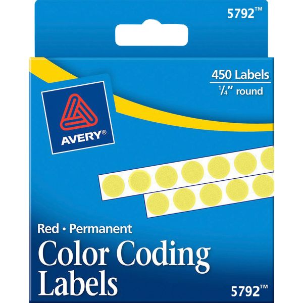AVE05792 Avery Permanent Self-Adhesive Round Color-Coding Labels, 1/4" dia, Yellow, 450/Pack