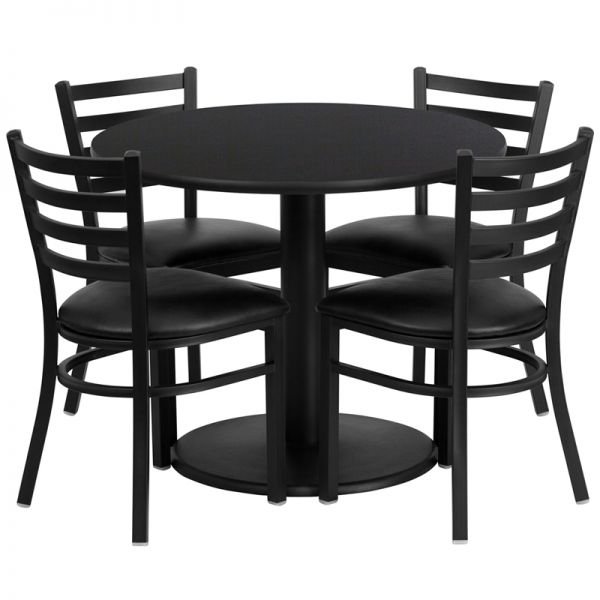 FHFRSRB1029GG Flash Furniture 36'' Round Black Laminate Table Set with 4 Ladder Back Metal Chairs - Black Vinyl Seat
