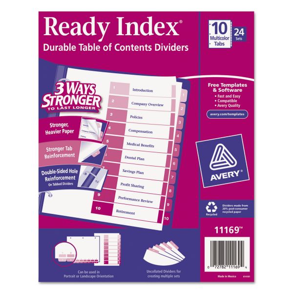 AVE11169 Avery Ready Index Customizable Table of Contents Asst Dividers, 10-Tab, Ltr, 24 Sets
