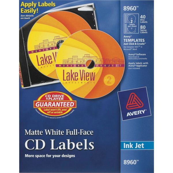 AVE8960 Avery Inkjet Full-Face CD Labels, Matte White, 40/Pack