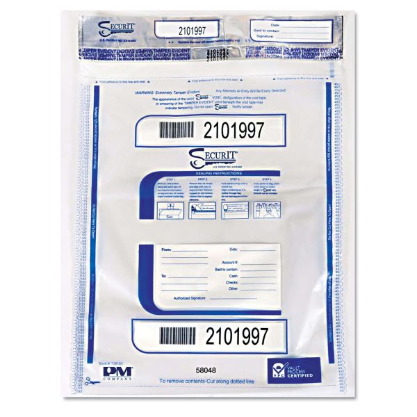 PMC58048 PM Company SecurIT Triple Protection Tamper-Evident Deposit Bags, 9 x 12, Clear, 100/Pack