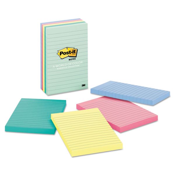 MMM6605PKAST Post-it Notes Original Pads in Marseille Colors, Lined, 4 x 6, 100-Sheet, 5/Pack