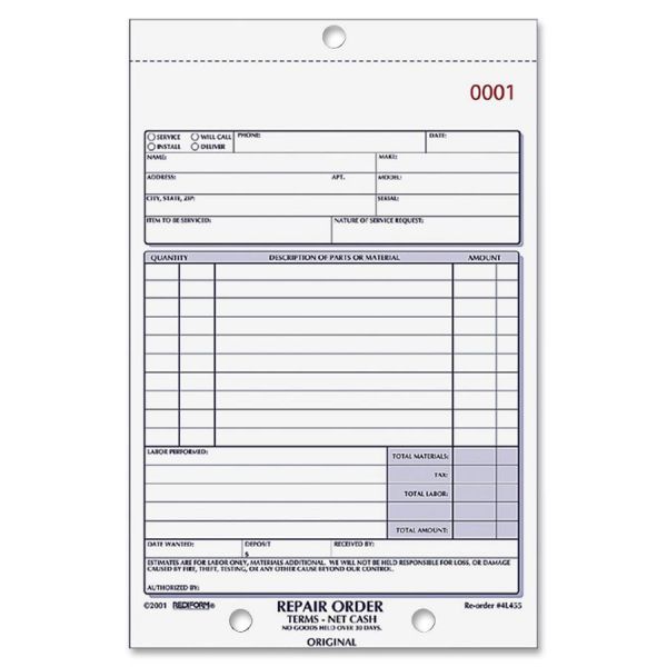 RED4L455 Rediform 3-part Carbonless Repair Order Book