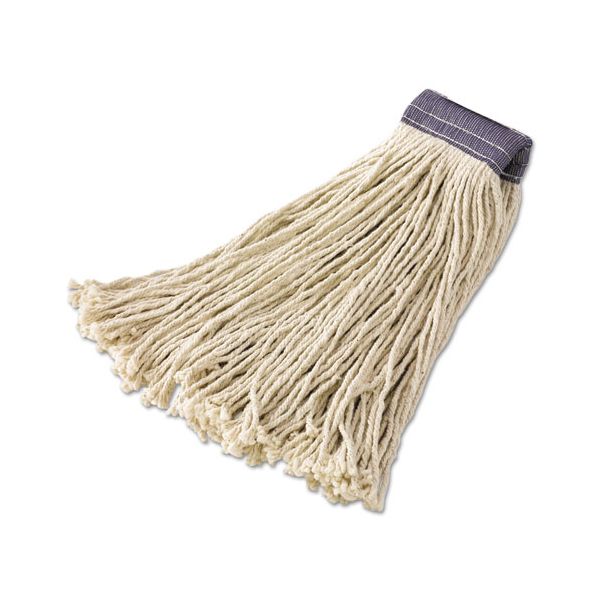 RCPF158WHI Rubbermaid Commercial Premium Cut-End Cotton Mop Head, White, 24 oz, 5-in. Blue Headband, 12/Carton