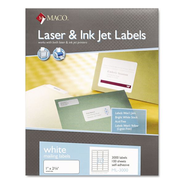 MACML3000 MACO White Laser/Inkjet Shipping & Address Labels, 1 x 2 5/8, 3000/Box