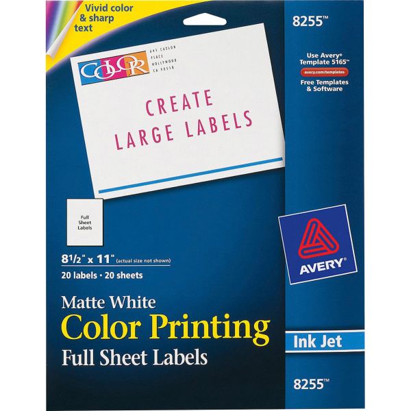 AVE8255 Avery Full-Sheet Vibrant Color-Printing Labels, 8 1/2 x 11, Matte White, 20/Pack