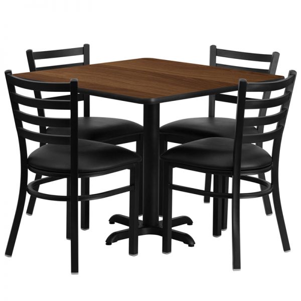 FHFHDBF1016GG Flash Furniture 36'' Square Walnut Laminate Table Set with 4 Ladder Back Metal Chairs - Black Vinyl Seat