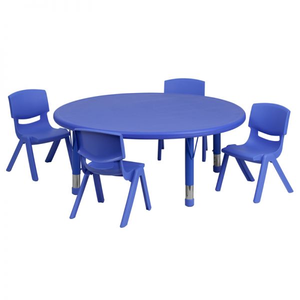 FHFYUYCX00532ROUNDTBLBLUEEGG Flash Furniture 45'' Round Adjustable Blue Plastic Activity Table Set with 4 School Stack Chairs