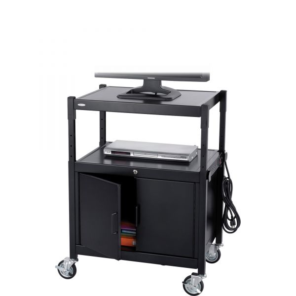 SAF8943BL Safco AV Adjustable Cart With Locking Cabinet, 26-3/4w x 20-1/2d x 26 to 42h, Black