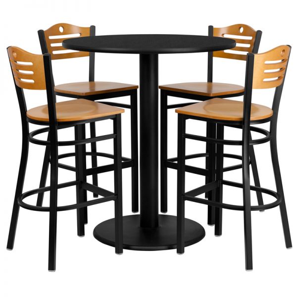 FHFMD0020GG Flash Furniture 36'' Round Black Laminate Table Set with 4 Wood Slat Back Metal Barstools - Natural Wood Seat