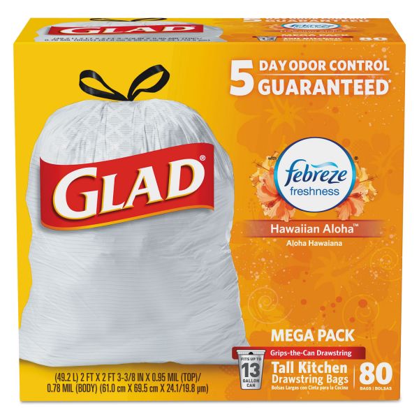 CLO78605CT Glad OdorShield Kitchen Drawstring Bag, Hawaiian Aloha, 13 gal, White, 80/BX, 4 BX/CT