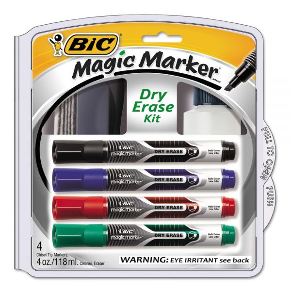 BICDETKITP61 BIC Magic Marker Low Odor & Bold Writing Dry Erase Marker Kit, Chisel, Assort, 4/PK