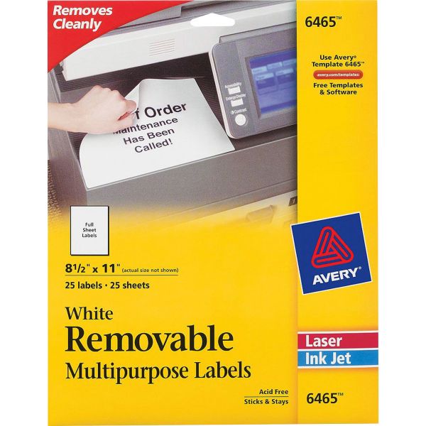 AVE6465 Avery Removable Multi-Use Labels, 8 1/2 x 11, White, 25/Pack