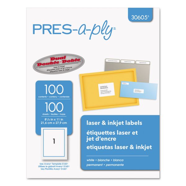 AVE30605 PRES-a-ply Laser Full-Sheet Labels, 8 1/2 x 11, White, 100/Box