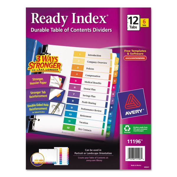 AVE11196 Avery Ready Index Customizable Table of Contents, Asst Dividers, 12-Tab, Ltr, 6 Sets