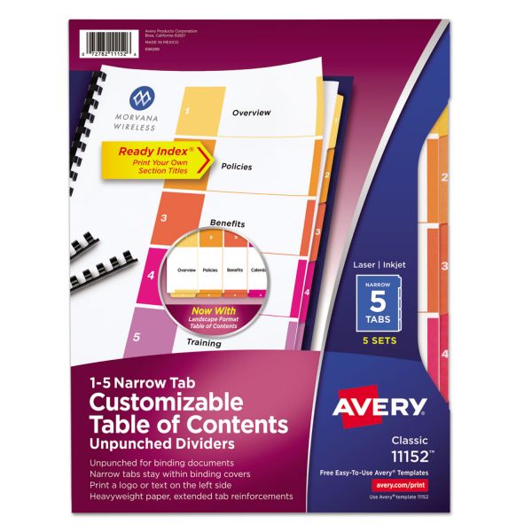 AVE11152 Avery Ready Index Customizable Table of Contents, Unpunched, 5-Tab, Ltr, 5 Sets