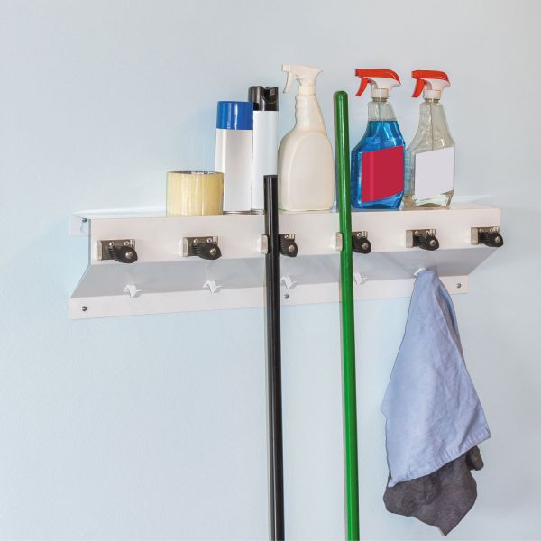 EXC3336WHT2 Ex-Cell The Clincher Mop & Broom Holder, 34"w x 5 1/2"d x 7 1/2"h, White Gloss, Each