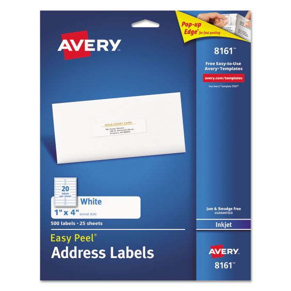 AVE8161 Avery Easy Peel Mailing Address Labels, Inkjet, 1 x 4, White, 500/Pack