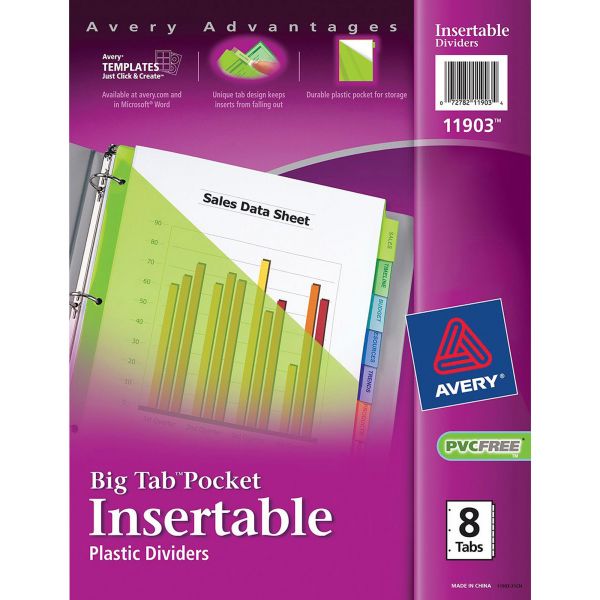 AVE11903 Avery Insertable Big Tab Plastic Dividers w/Single Pockets, 8-Tab, Multi-color Tab, Letter, 1 Set