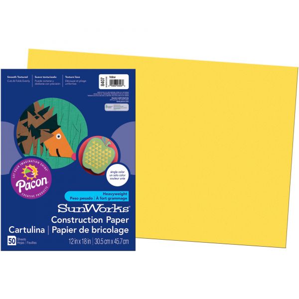 PAC8407 SunWorks Construction Paper, 58 lbs., 12 x 18, Yellow, 50 Sheets/Pack