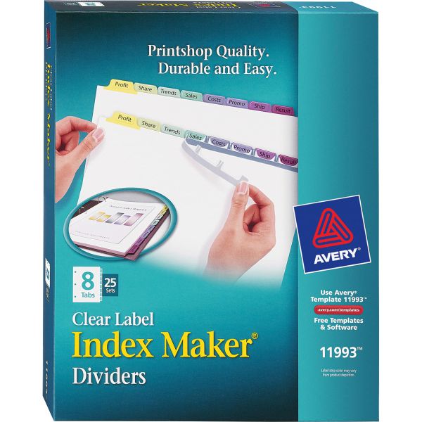 AVE11993 Avery Print & Apply Clear Label Dividers, 8-Tab, Multi-color Tab, Letter, 25 Sets