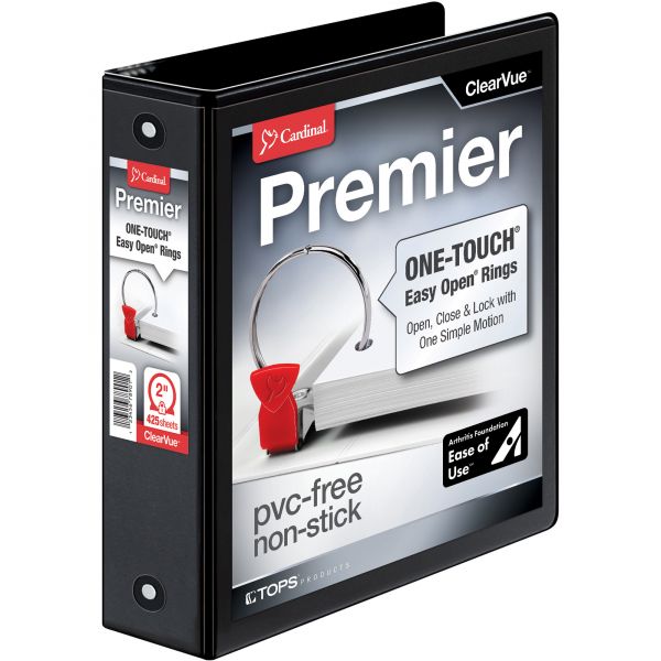 CRD11121 Cardinal Premier Easy Open ClearVue Locking 3-Ring View Binder, 2" Capacity, Round Ring, Black