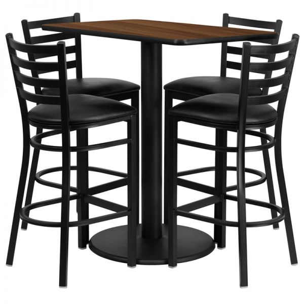 FHFRSRB1020GG Flash Furniture 24'' x 42'' Rectangular Walnut Laminate Table Set with 4 Ladder Back Metal Barstools - Black Vinyl Seat