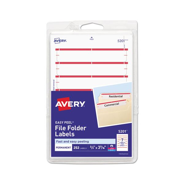 AVE05201 Avery Print or Write File Folder Labels, 11/16 x 3 7/16, White/Dark Red Bar, 252/Pack