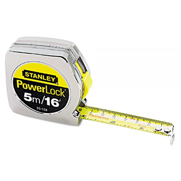 BOS33158 Stanley Tools Powerlock Tape Rule, 3/4" x 16ft, Plastic Case, Chrome, 1/16"-1mm Graduation