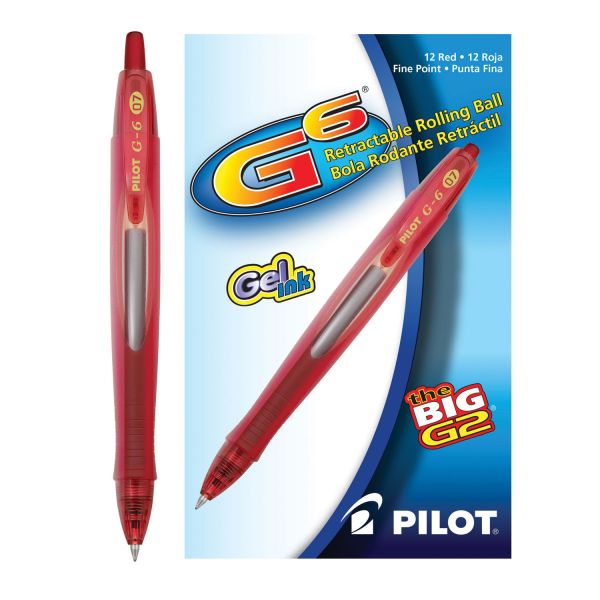 PIL31403 Pilot G6 Retractable Gel Ink Pen, Refillable, Red Ink, .7mm