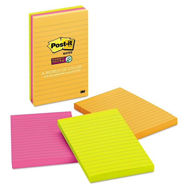 MMM6603SSUC Post-it Notes Super Sticky Pads in Rio de Janeiro Colors, Lined, 4 x 6, 90-Sheet, 3/Pack