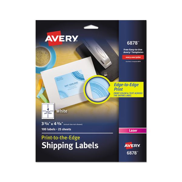 AVE6878 Avery Vibrant Color-Printing Shipping Labels, 3 3/4 x 4 3/4, White, 100/Pack